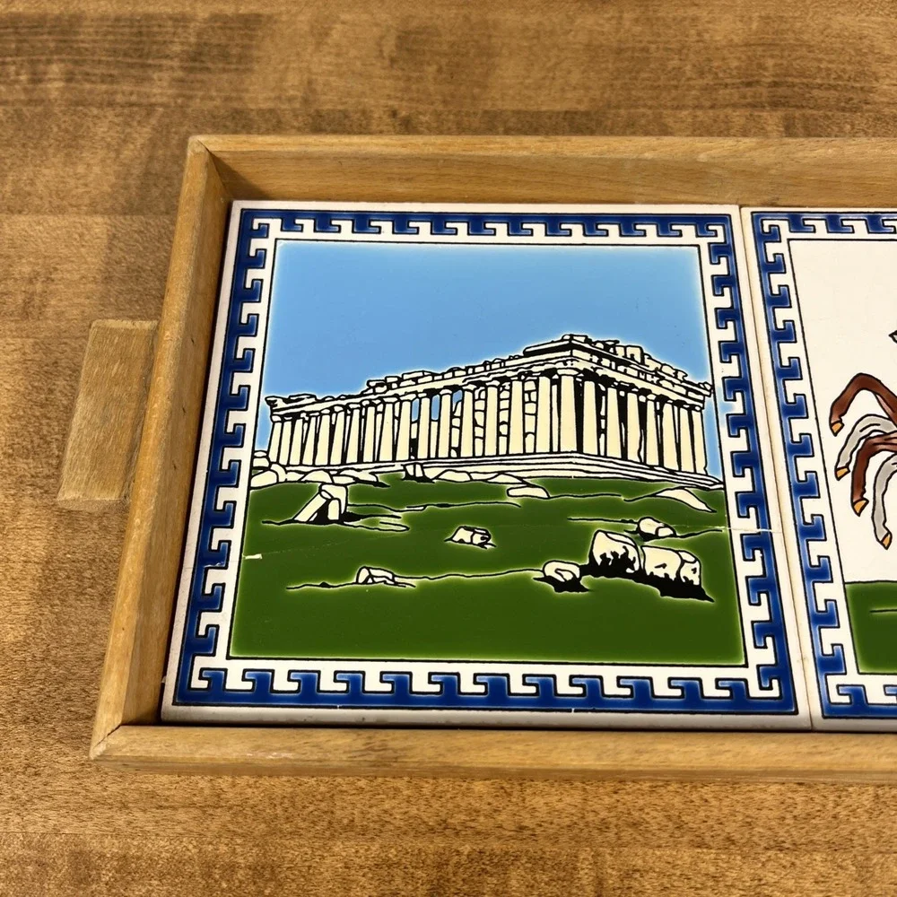 Vintage Greek Ceramic Tile‎ Art Trivet w/ Wood Frame Wooden Tray